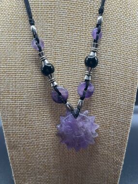 Handcrafted Purple Amethyst-Style Carved Sun Pendant Necklace